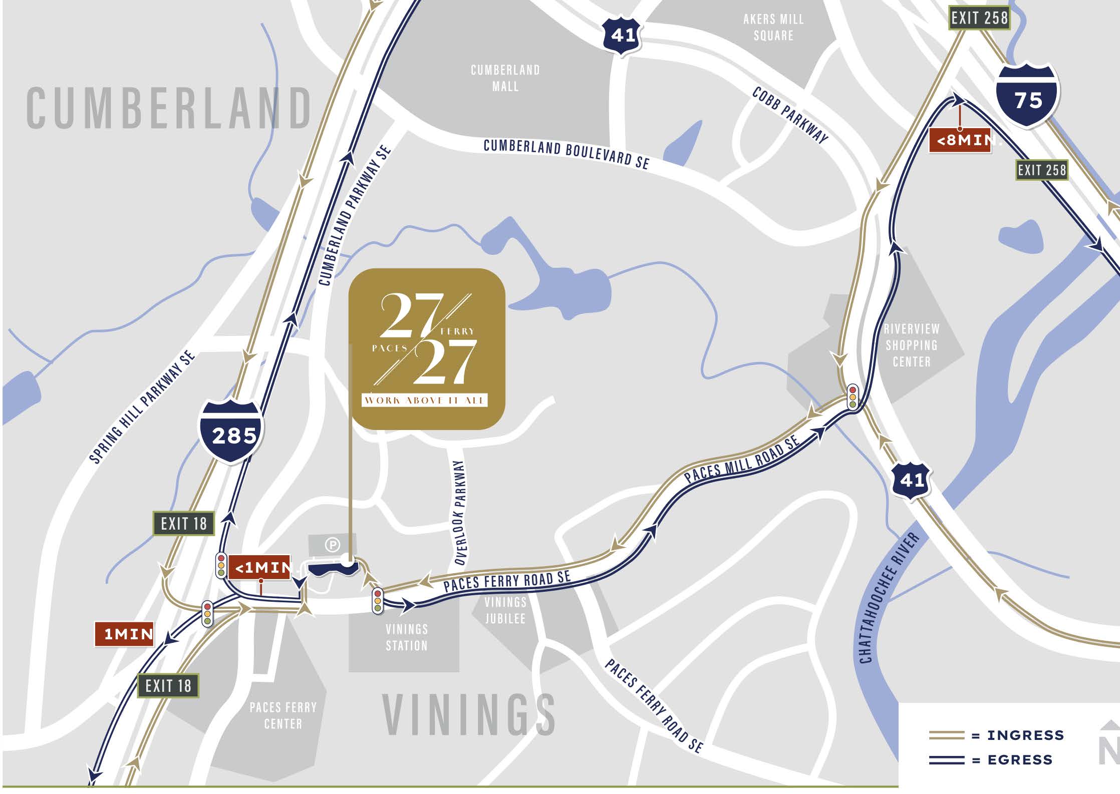 Descriptive map of the highways near 2727 Paces Ferry